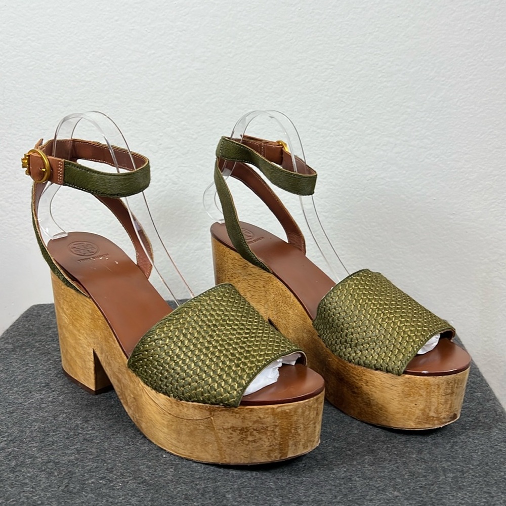 Tory Burch Olive Woven Platform Sandals with Wood-Effect Heel